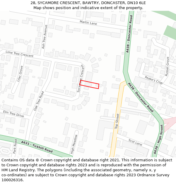 28, SYCAMORE CRESCENT, BAWTRY, DONCASTER, DN10 6LE: Location map and indicative extent of plot