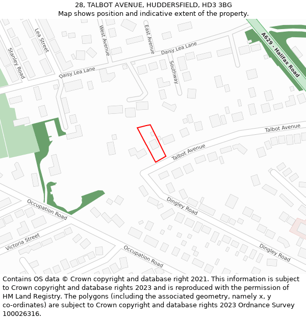 28, TALBOT AVENUE, HUDDERSFIELD, HD3 3BG: Location map and indicative extent of plot