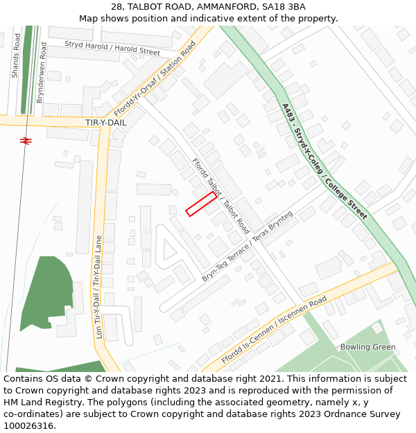 28, TALBOT ROAD, AMMANFORD, SA18 3BA: Location map and indicative extent of plot