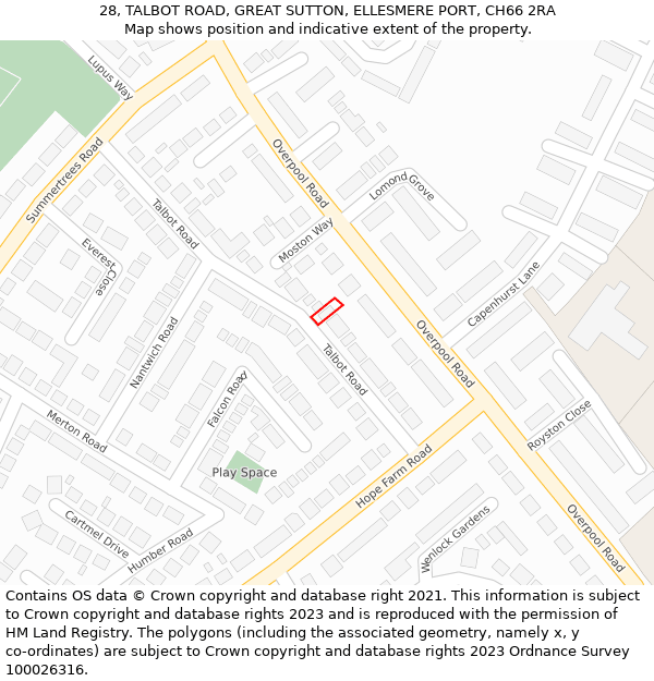 28, TALBOT ROAD, GREAT SUTTON, ELLESMERE PORT, CH66 2RA: Location map and indicative extent of plot