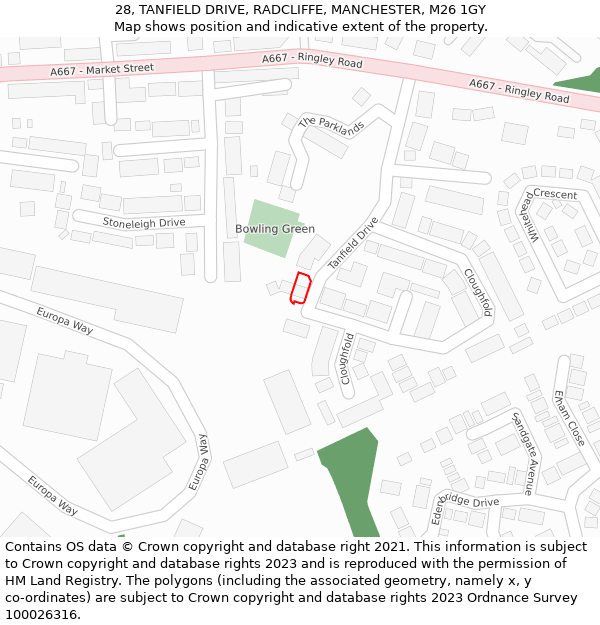 28, TANFIELD DRIVE, RADCLIFFE, MANCHESTER, M26 1GY: Location map and indicative extent of plot