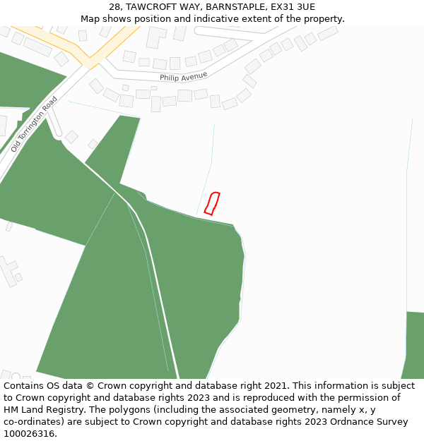 28, TAWCROFT WAY, BARNSTAPLE, EX31 3UE: Location map and indicative extent of plot