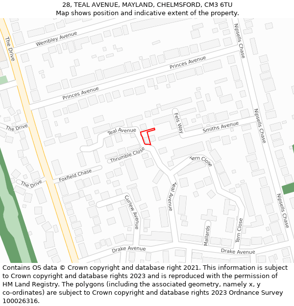 28, TEAL AVENUE, MAYLAND, CHELMSFORD, CM3 6TU: Location map and indicative extent of plot