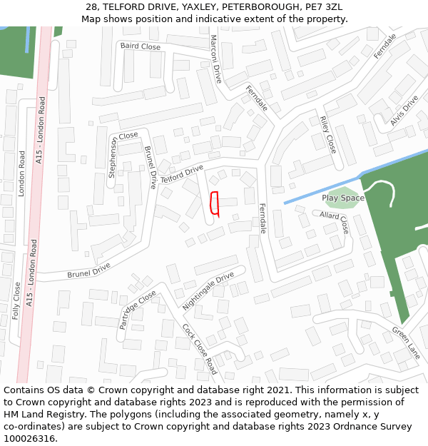 28, TELFORD DRIVE, YAXLEY, PETERBOROUGH, PE7 3ZL: Location map and indicative extent of plot