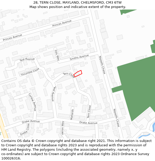 28, TERN CLOSE, MAYLAND, CHELMSFORD, CM3 6TW: Location map and indicative extent of plot