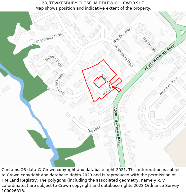 28, TEWKESBURY CLOSE, MIDDLEWICH, CW10 9HT: Location map and indicative extent of plot