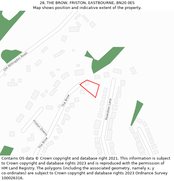 28, THE BROW, FRISTON, EASTBOURNE, BN20 0ES: Location map and indicative extent of plot