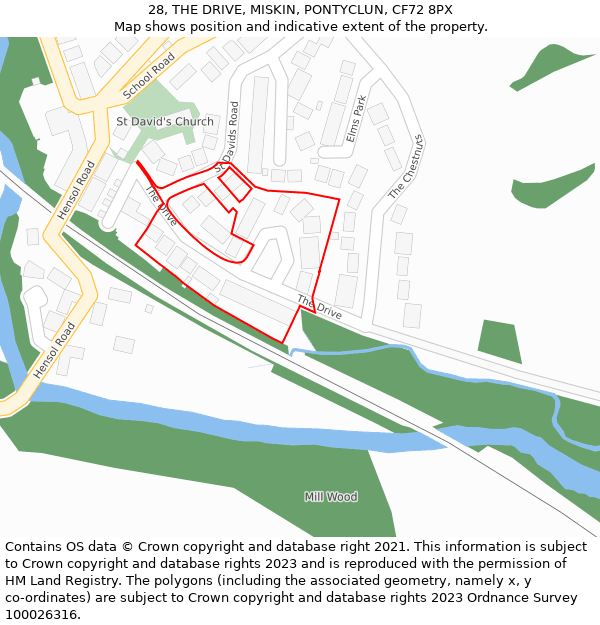 28, THE DRIVE, MISKIN, PONTYCLUN, CF72 8PX: Location map and indicative extent of plot