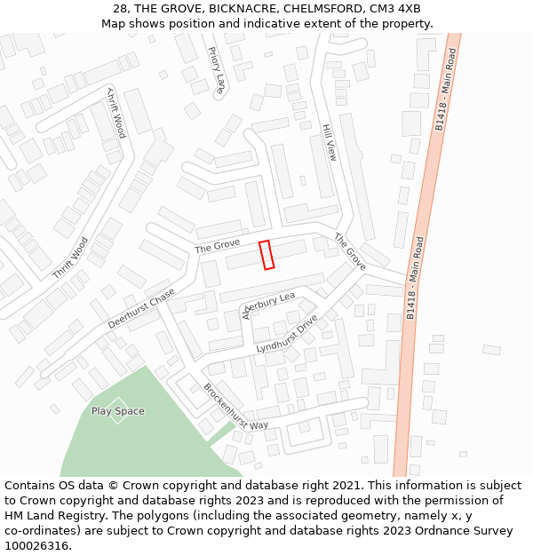 28, THE GROVE, BICKNACRE, CHELMSFORD, CM3 4XB: Location map and indicative extent of plot