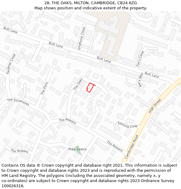 28, THE OAKS, MILTON, CAMBRIDGE, CB24 6ZG: Location map and indicative extent of plot