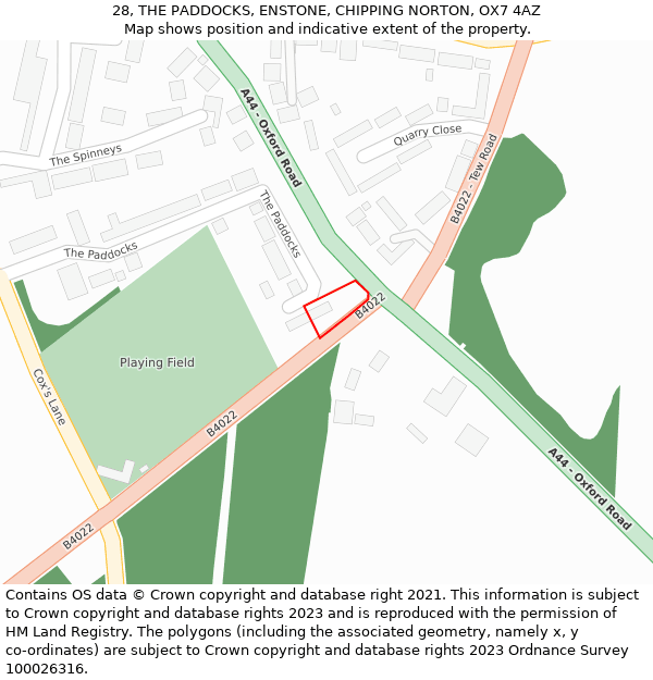 28, THE PADDOCKS, ENSTONE, CHIPPING NORTON, OX7 4AZ: Location map and indicative extent of plot