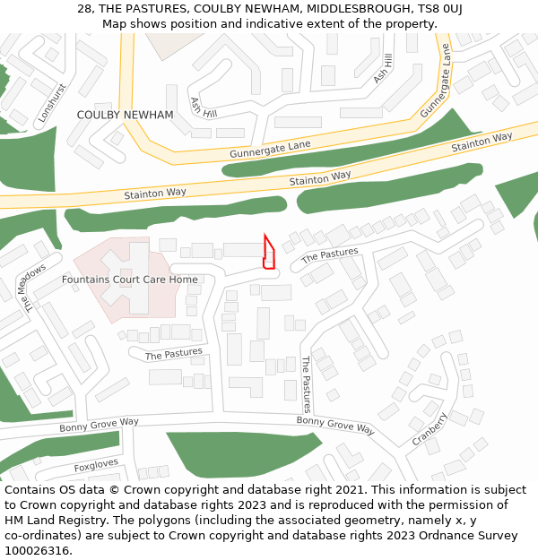 28, THE PASTURES, COULBY NEWHAM, MIDDLESBROUGH, TS8 0UJ: Location map and indicative extent of plot