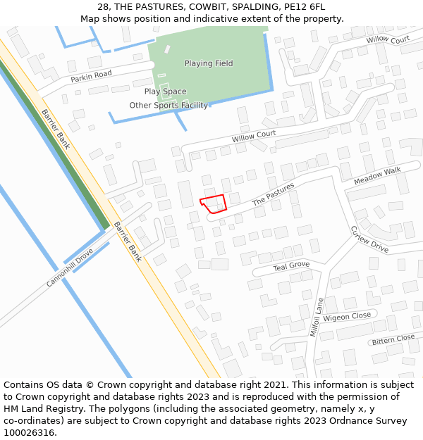 28, THE PASTURES, COWBIT, SPALDING, PE12 6FL: Location map and indicative extent of plot