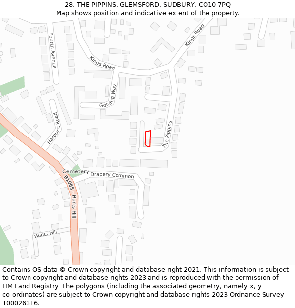 28, THE PIPPINS, GLEMSFORD, SUDBURY, CO10 7PQ: Location map and indicative extent of plot