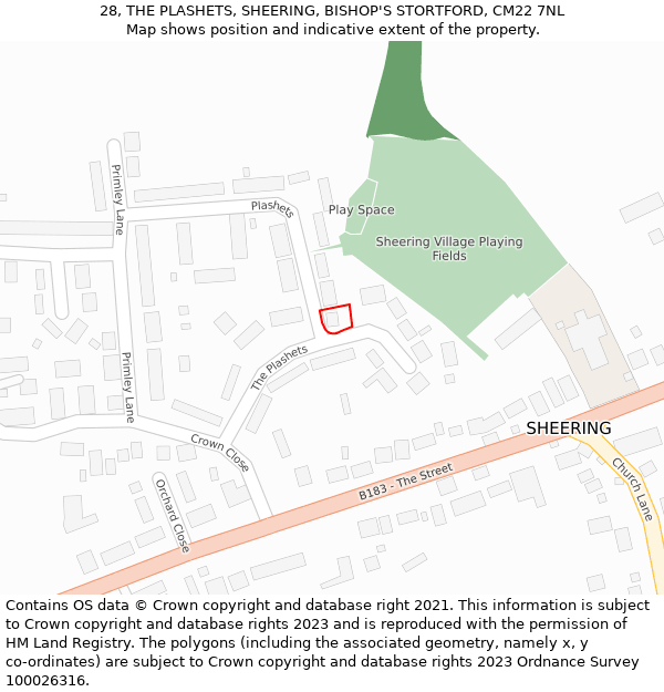 28, THE PLASHETS, SHEERING, BISHOP'S STORTFORD, CM22 7NL: Location map and indicative extent of plot