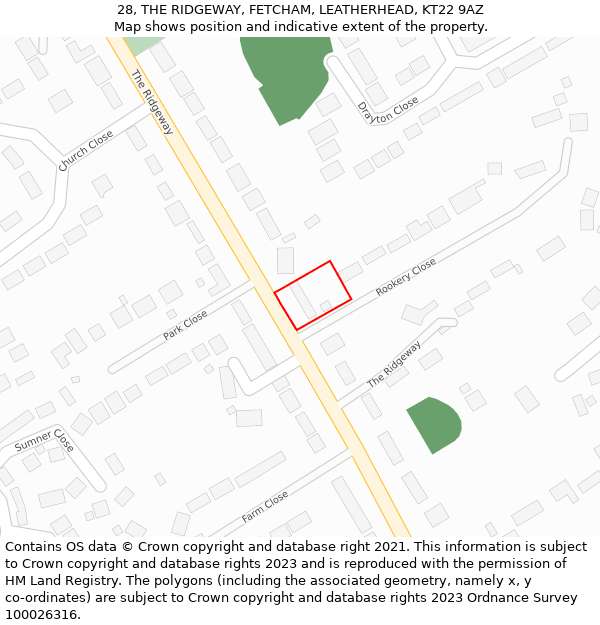 28, THE RIDGEWAY, FETCHAM, LEATHERHEAD, KT22 9AZ: Location map and indicative extent of plot