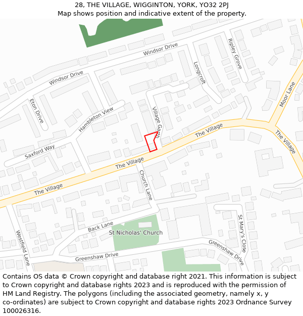 28, THE VILLAGE, WIGGINTON, YORK, YO32 2PJ: Location map and indicative extent of plot