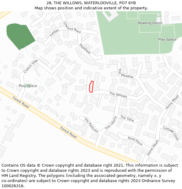 28, THE WILLOWS, WATERLOOVILLE, PO7 6YB: Location map and indicative extent of plot