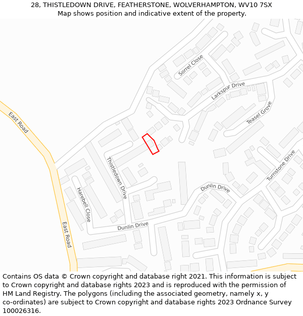 28, THISTLEDOWN DRIVE, FEATHERSTONE, WOLVERHAMPTON, WV10 7SX: Location map and indicative extent of plot