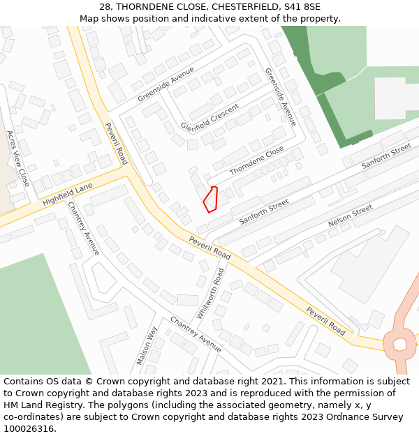 28, THORNDENE CLOSE, CHESTERFIELD, S41 8SE: Location map and indicative extent of plot