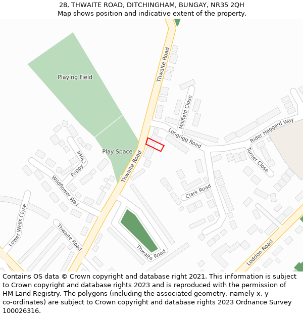 28, THWAITE ROAD, DITCHINGHAM, BUNGAY, NR35 2QH: Location map and indicative extent of plot