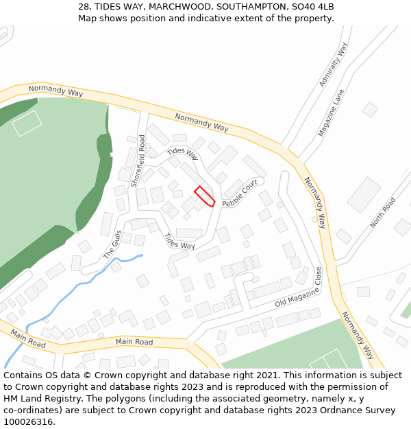 28, TIDES WAY, MARCHWOOD, SOUTHAMPTON, SO40 4LB: Location map and indicative extent of plot