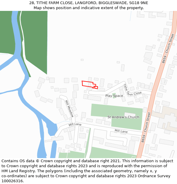 28, TITHE FARM CLOSE, LANGFORD, BIGGLESWADE, SG18 9NE: Location map and indicative extent of plot