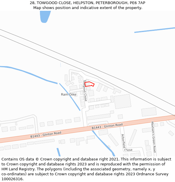 28, TOWGOOD CLOSE, HELPSTON, PETERBOROUGH, PE6 7AP: Location map and indicative extent of plot