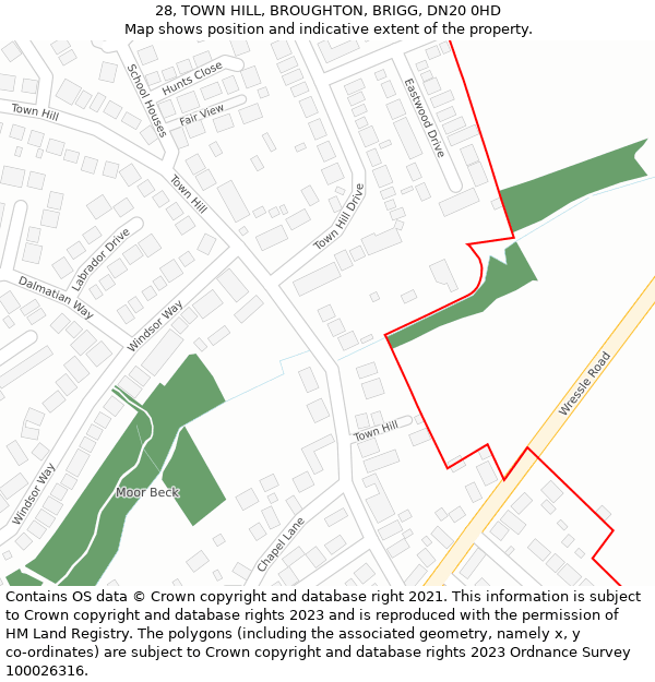 28, TOWN HILL, BROUGHTON, BRIGG, DN20 0HD: Location map and indicative extent of plot