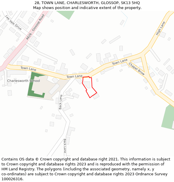 28, TOWN LANE, CHARLESWORTH, GLOSSOP, SK13 5HQ: Location map and indicative extent of plot