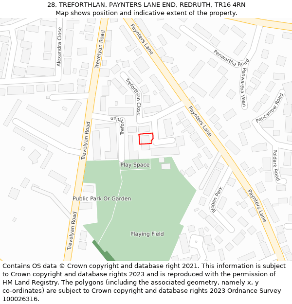 28, TREFORTHLAN, PAYNTERS LANE END, REDRUTH, TR16 4RN: Location map and indicative extent of plot