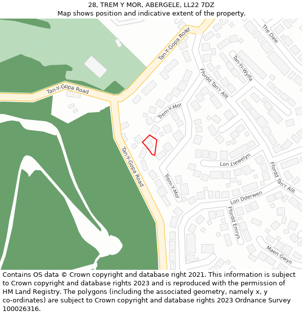 28, TREM Y MOR, ABERGELE, LL22 7DZ: Location map and indicative extent of plot