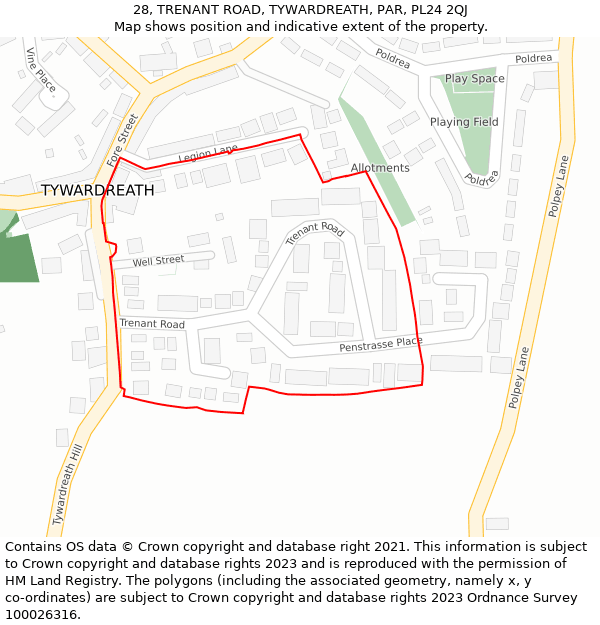 28, TRENANT ROAD, TYWARDREATH, PAR, PL24 2QJ: Location map and indicative extent of plot