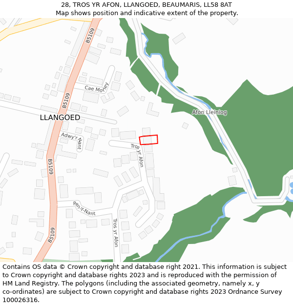 28, TROS YR AFON, LLANGOED, BEAUMARIS, LL58 8AT: Location map and indicative extent of plot