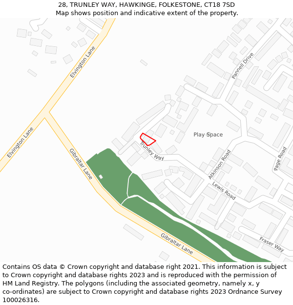 28, TRUNLEY WAY, HAWKINGE, FOLKESTONE, CT18 7SD: Location map and indicative extent of plot