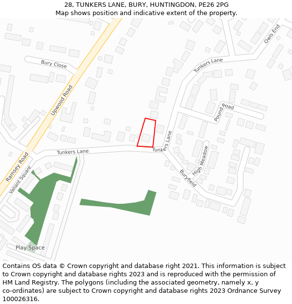 28, TUNKERS LANE, BURY, HUNTINGDON, PE26 2PG: Location map and indicative extent of plot