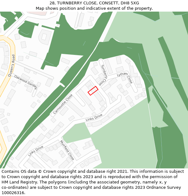 28, TURNBERRY CLOSE, CONSETT, DH8 5XG: Location map and indicative extent of plot