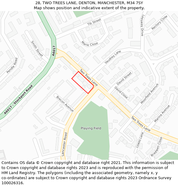 28, TWO TREES LANE, DENTON, MANCHESTER, M34 7SY: Location map and indicative extent of plot