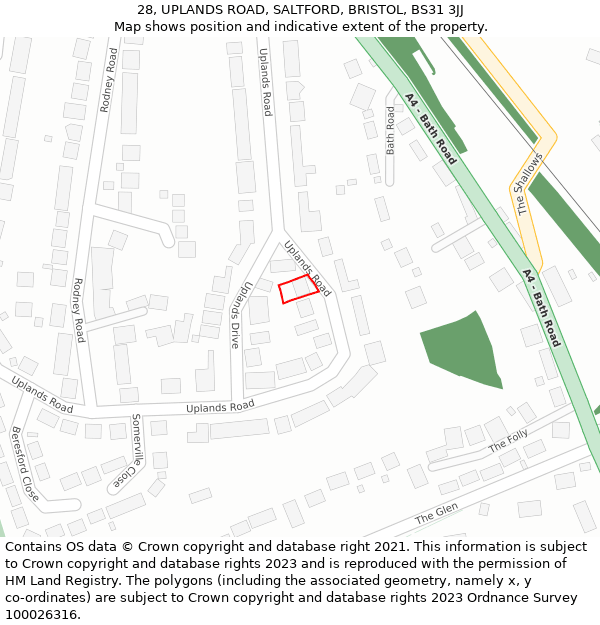 28, UPLANDS ROAD, SALTFORD, BRISTOL, BS31 3JJ: Location map and indicative extent of plot