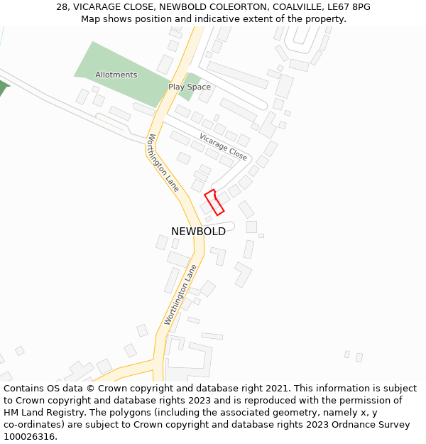 28, VICARAGE CLOSE, NEWBOLD COLEORTON, COALVILLE, LE67 8PG: Location map and indicative extent of plot