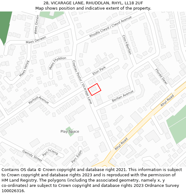 28, VICARAGE LANE, RHUDDLAN, RHYL, LL18 2UF: Location map and indicative extent of plot