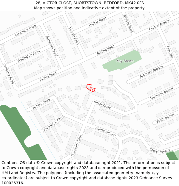 28, VICTOR CLOSE, SHORTSTOWN, BEDFORD, MK42 0FS: Location map and indicative extent of plot