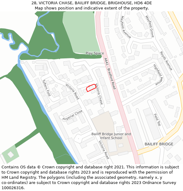 28, VICTORIA CHASE, BAILIFF BRIDGE, BRIGHOUSE, HD6 4DE: Location map and indicative extent of plot