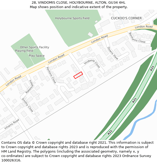 28, VINDOMIS CLOSE, HOLYBOURNE, ALTON, GU34 4HL: Location map and indicative extent of plot
