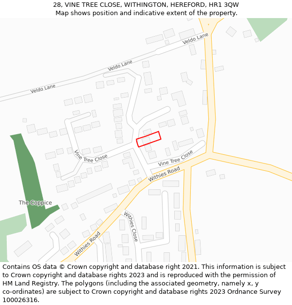 28, VINE TREE CLOSE, WITHINGTON, HEREFORD, HR1 3QW: Location map and indicative extent of plot