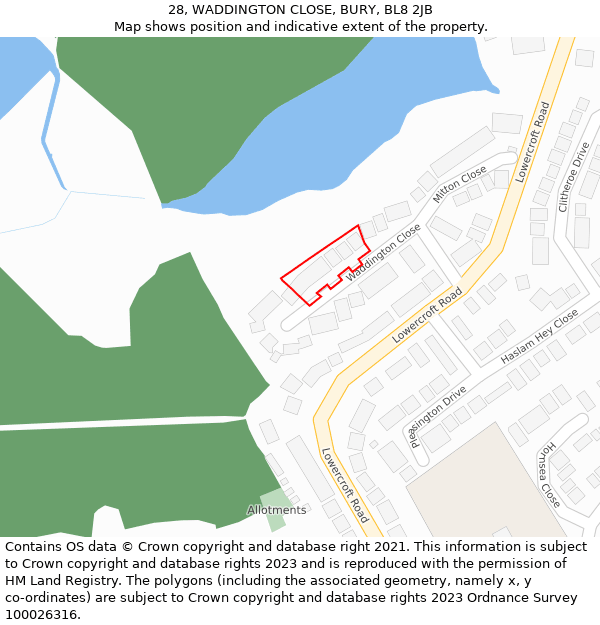 28, WADDINGTON CLOSE, BURY, BL8 2JB: Location map and indicative extent of plot