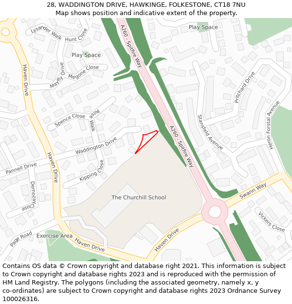 28, WADDINGTON DRIVE, HAWKINGE, FOLKESTONE, CT18 7NU: Location map and indicative extent of plot