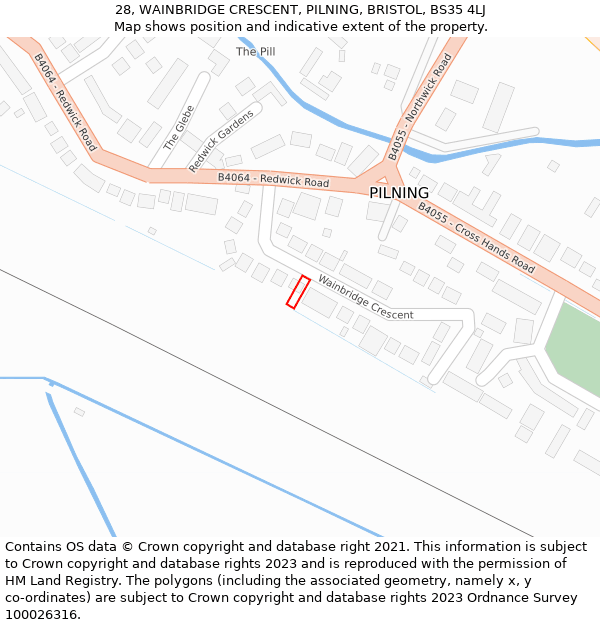 28, WAINBRIDGE CRESCENT, PILNING, BRISTOL, BS35 4LJ: Location map and indicative extent of plot