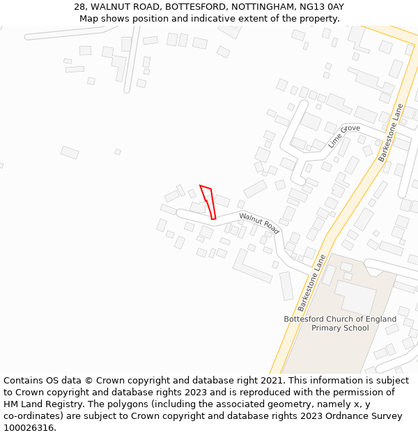 28, WALNUT ROAD, BOTTESFORD, NOTTINGHAM, NG13 0AY: Location map and indicative extent of plot