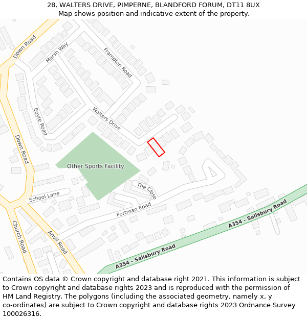 28, WALTERS DRIVE, PIMPERNE, BLANDFORD FORUM, DT11 8UX: Location map and indicative extent of plot